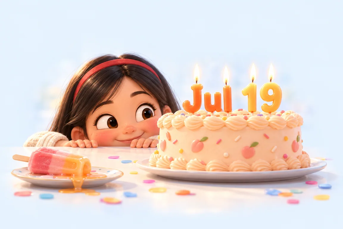 Cartoon birthday scene for July 19: a child behind a cake whose candles spell the date