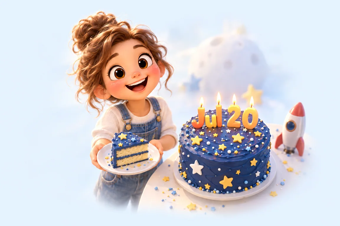 Cartoon birthday scene for July 20: a child behind a cake whose candles spell the date