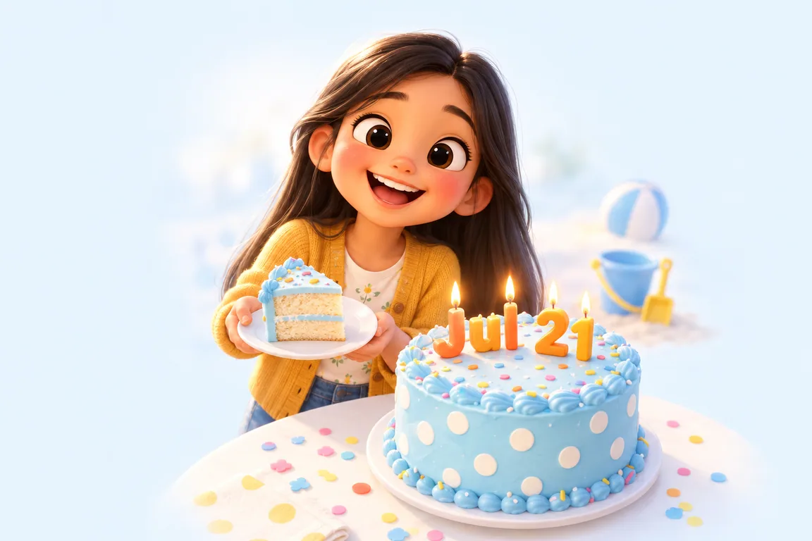 Cartoon birthday scene for July 21: a child behind a cake whose candles spell the date