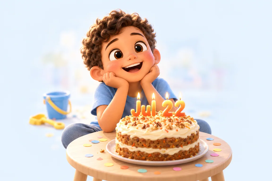 Cartoon birthday scene for July 22: a child behind a cake whose candles spell the date
