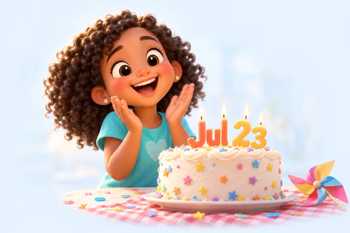 Cartoon birthday scene for July 23: a child behind a cake whose candles spell the date