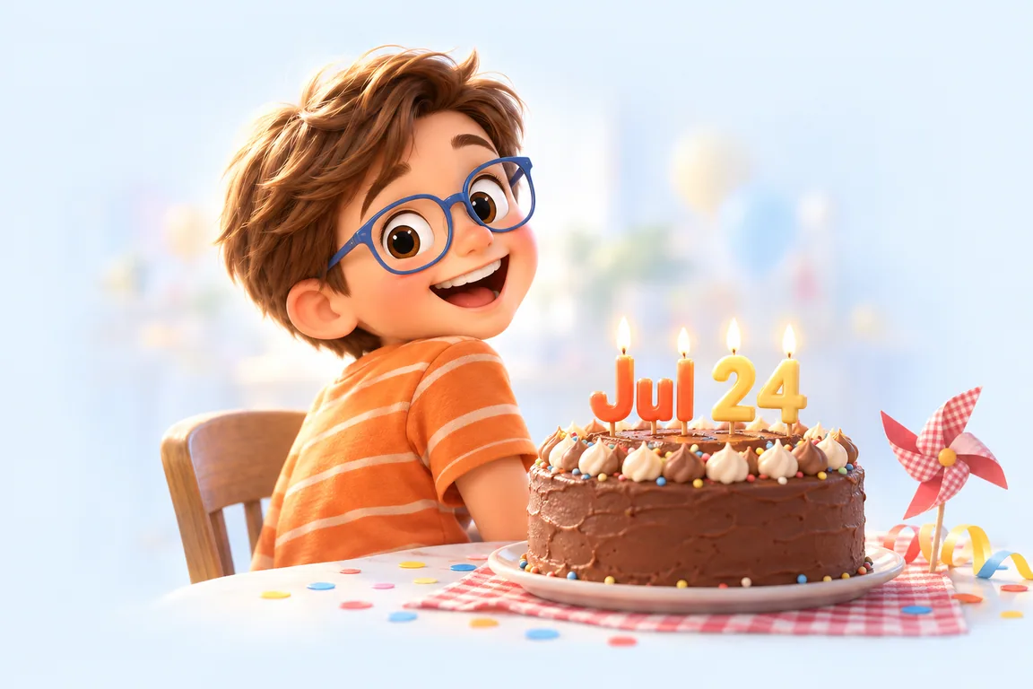 Cartoon birthday scene for July 24: a child behind a cake whose candles spell the date