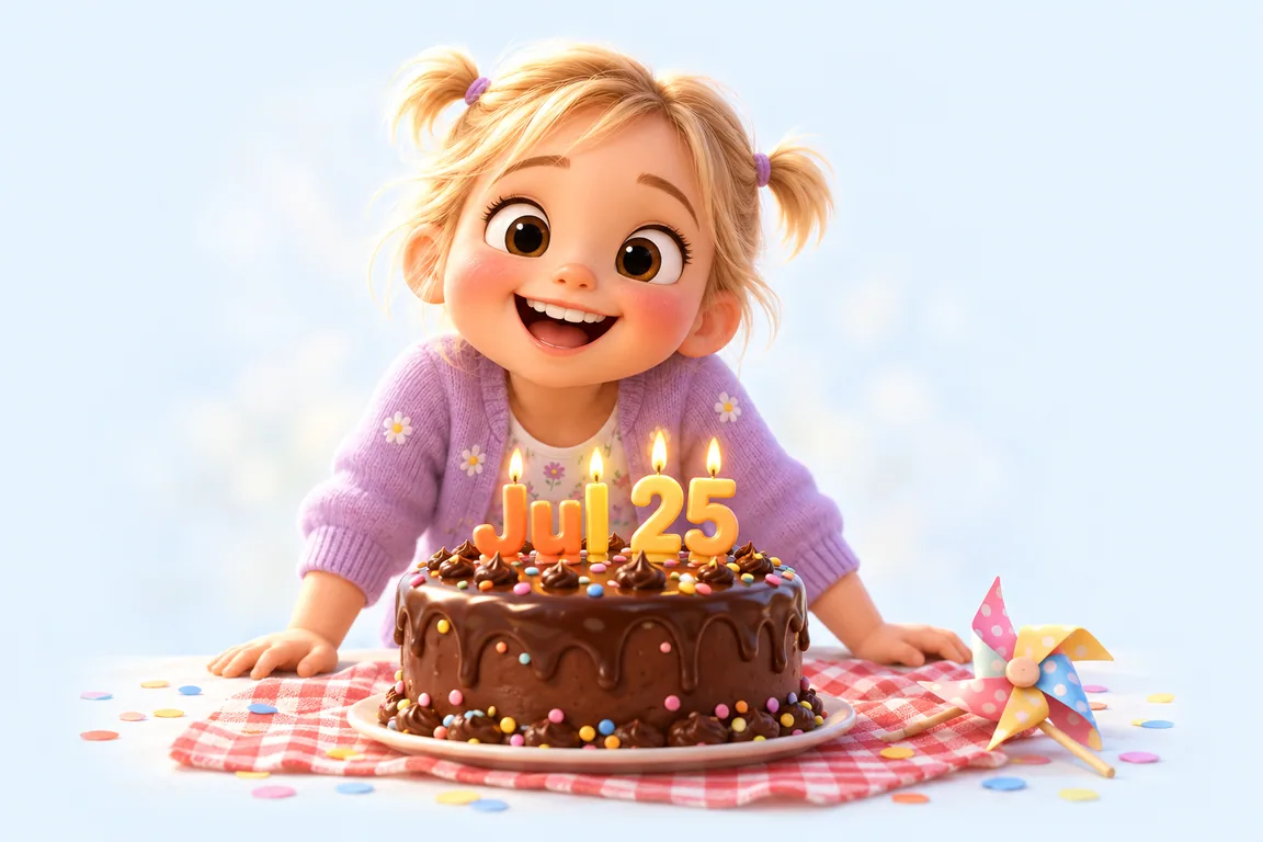 Cartoon birthday scene for July 25: a child behind a cake whose candles spell the date