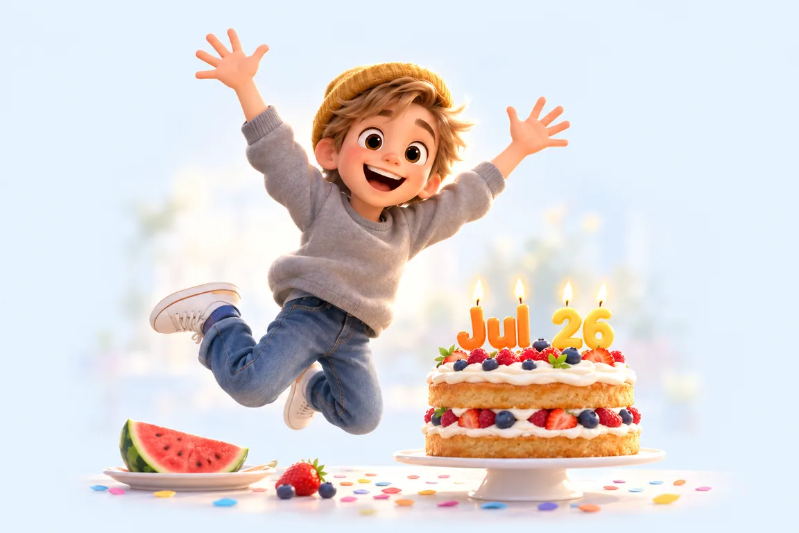 Cartoon birthday scene for July 26: a child behind a cake whose candles spell the date
