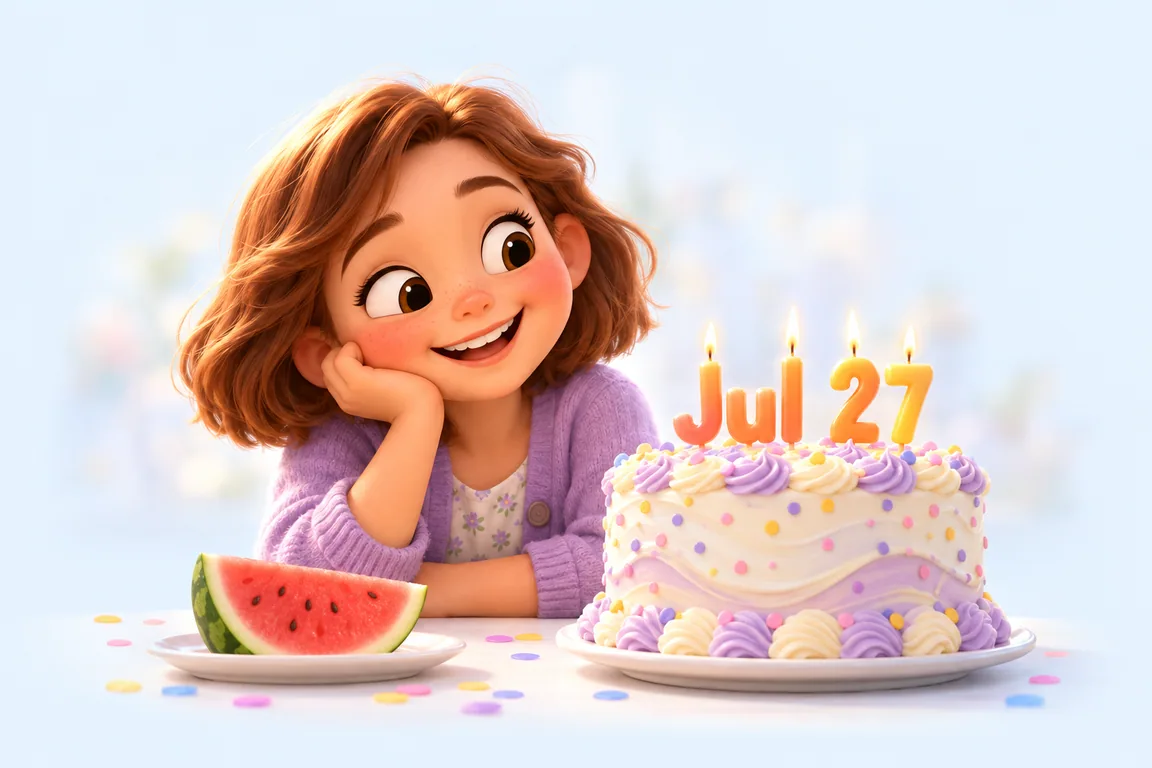 Cartoon birthday scene for July 27: a child behind a cake whose candles spell the date