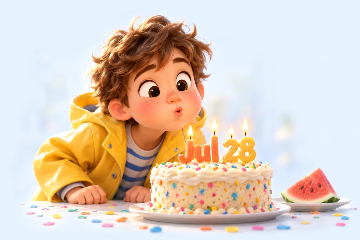 Cartoon birthday scene for July 28: a child behind a cake whose candles spell the date