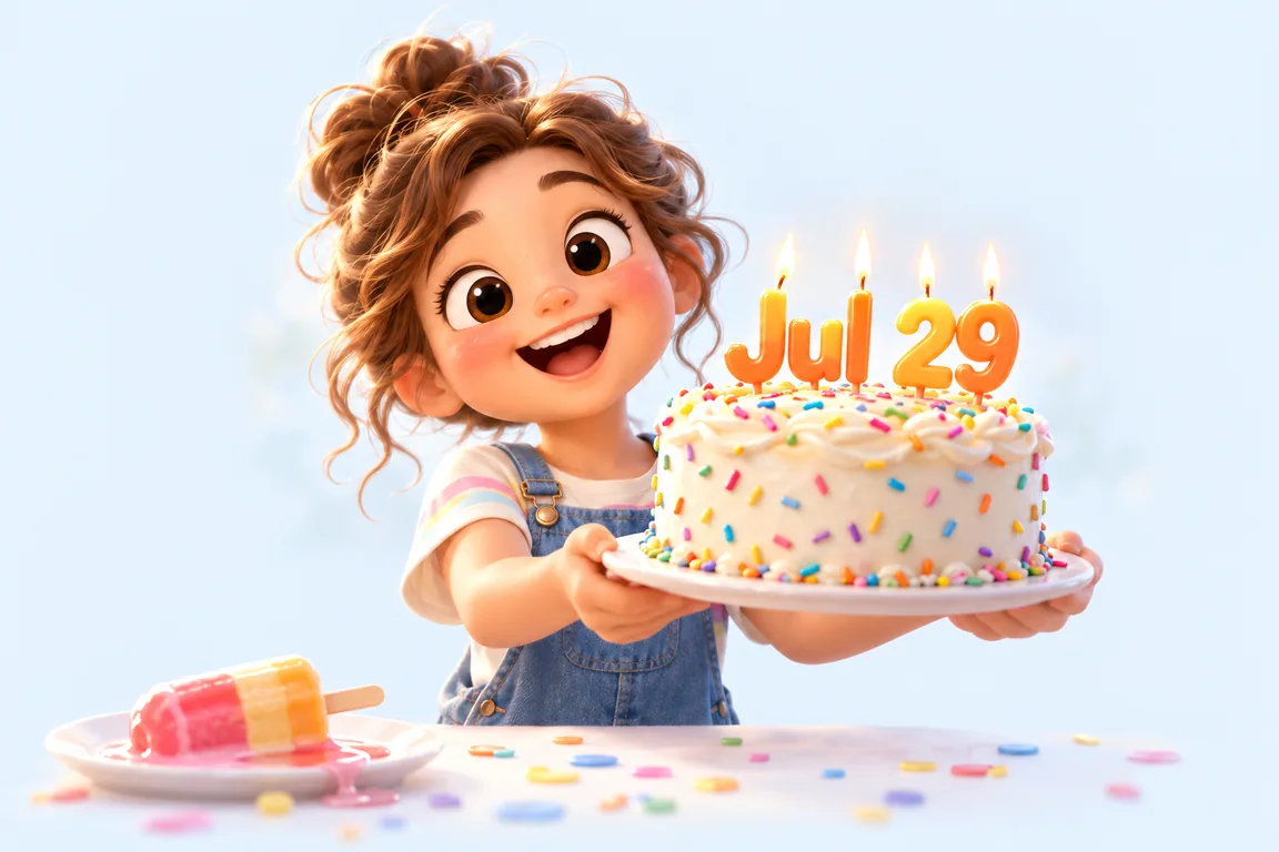 Cartoon birthday scene for July 29: a child behind a cake whose candles spell the date