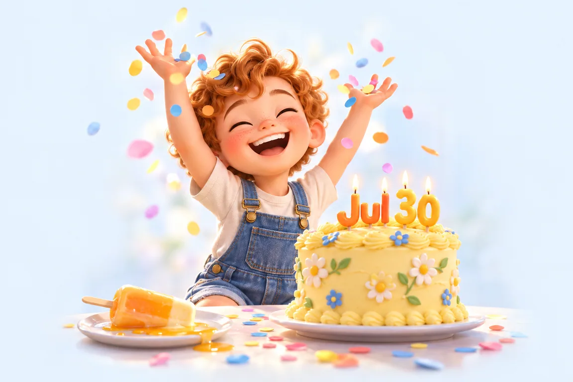 Cartoon birthday scene for July 30: a child behind a cake whose candles spell the date