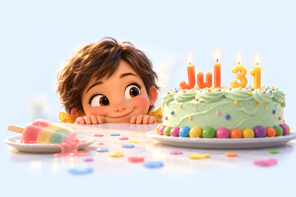 Cartoon birthday scene for July 31: a child behind a cake whose candles spell the date