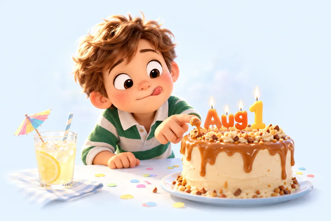 Cartoon birthday scene for August 1: a child behind a cake whose candles spell the date