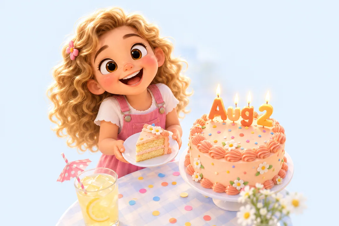 Cartoon birthday scene for August 2: a child behind a cake whose candles spell the date