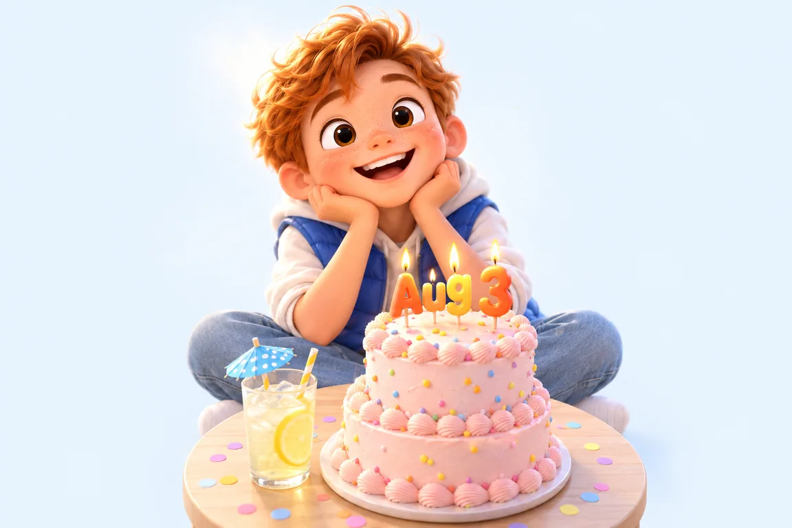 Cartoon birthday scene for August 3: a child behind a cake whose candles spell the date