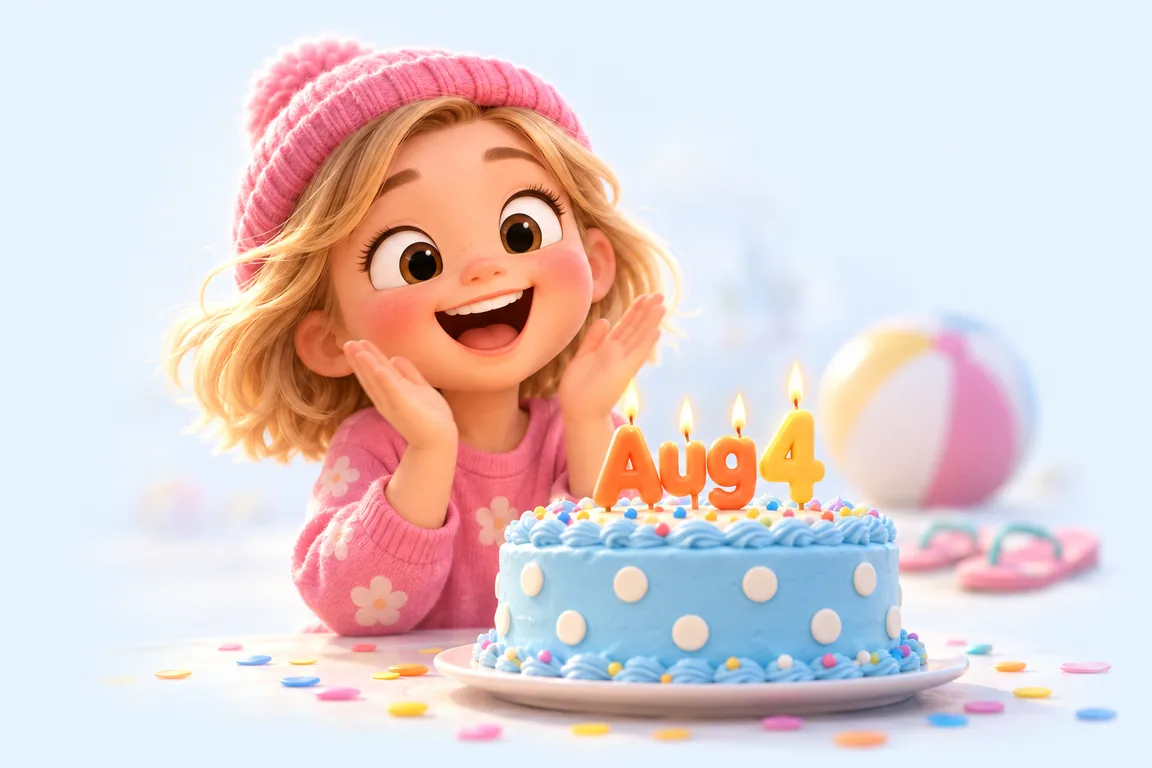 Cartoon birthday scene for August 4: a child behind a cake whose candles spell the date