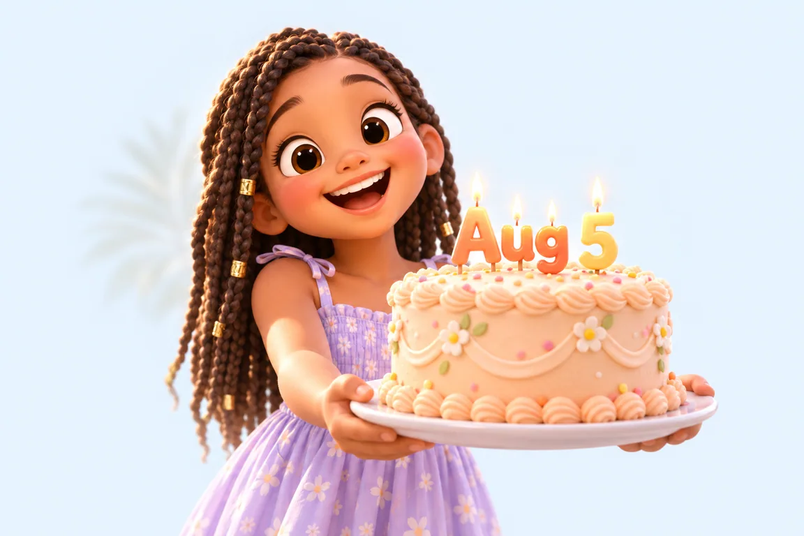 Cartoon birthday scene for August 5: a child behind a cake whose candles spell the date