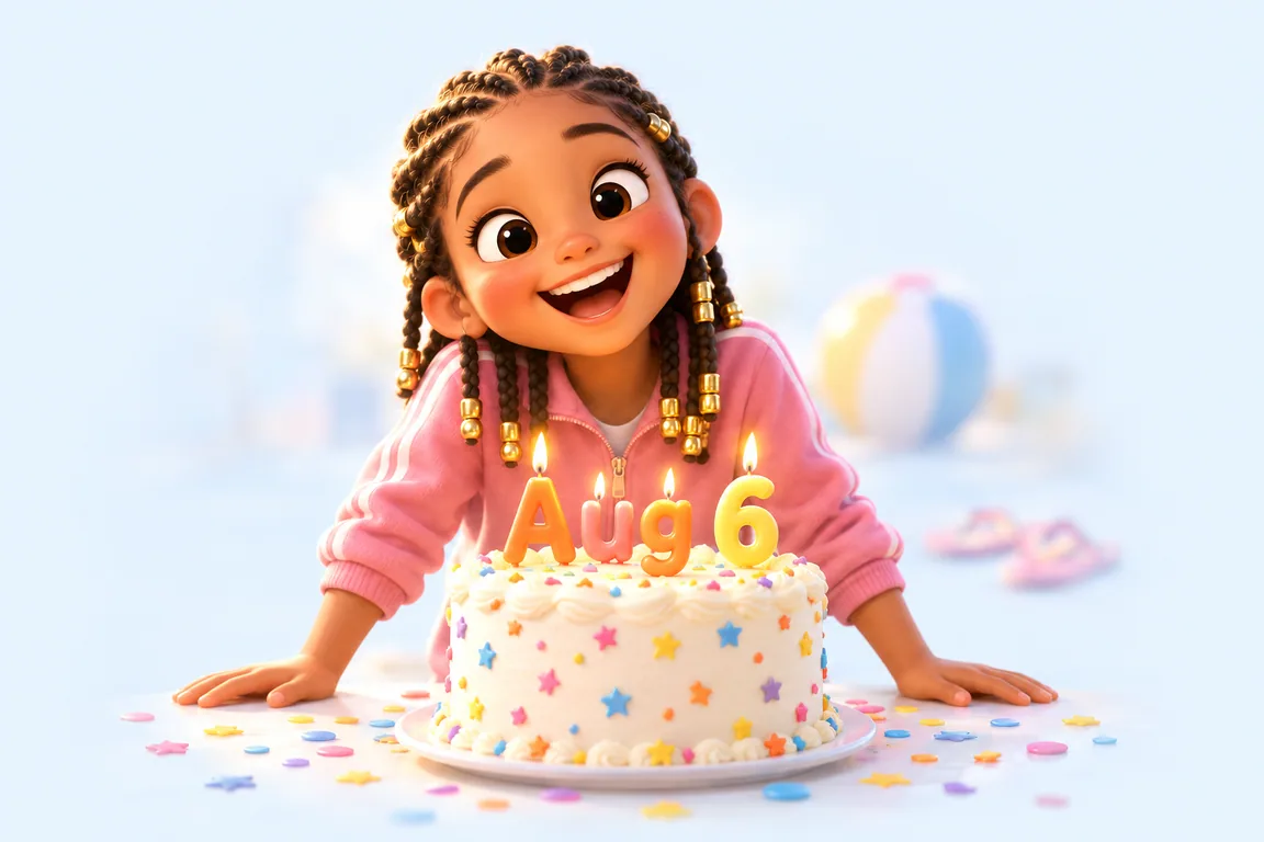 Cartoon birthday scene for August 6: a child behind a cake whose candles spell the date
