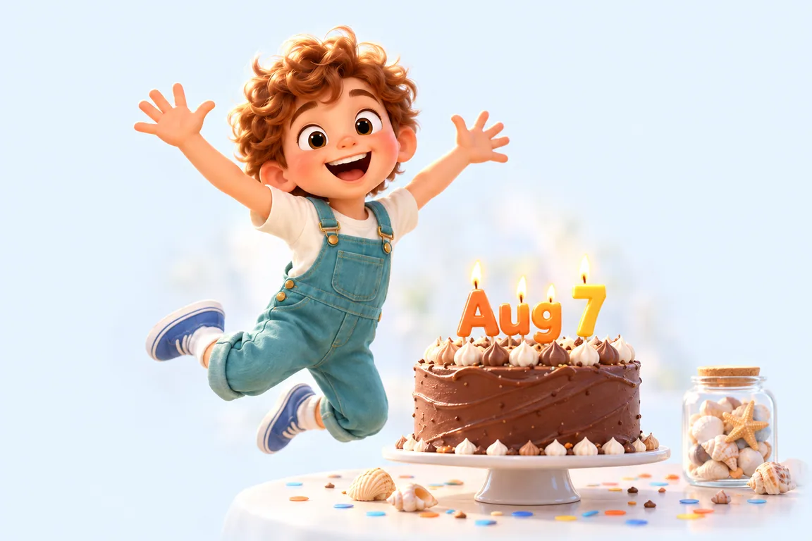Cartoon birthday scene for August 7: a child behind a cake whose candles spell the date