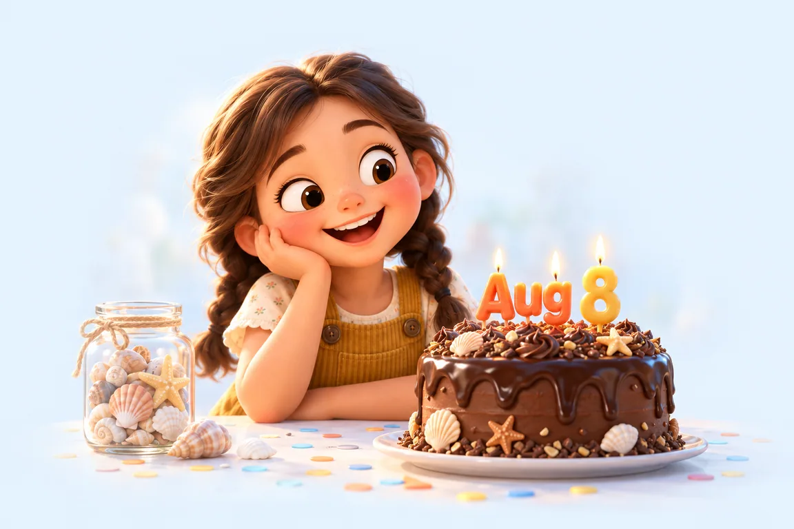 Cartoon birthday scene for August 8: a child behind a cake whose candles spell the date