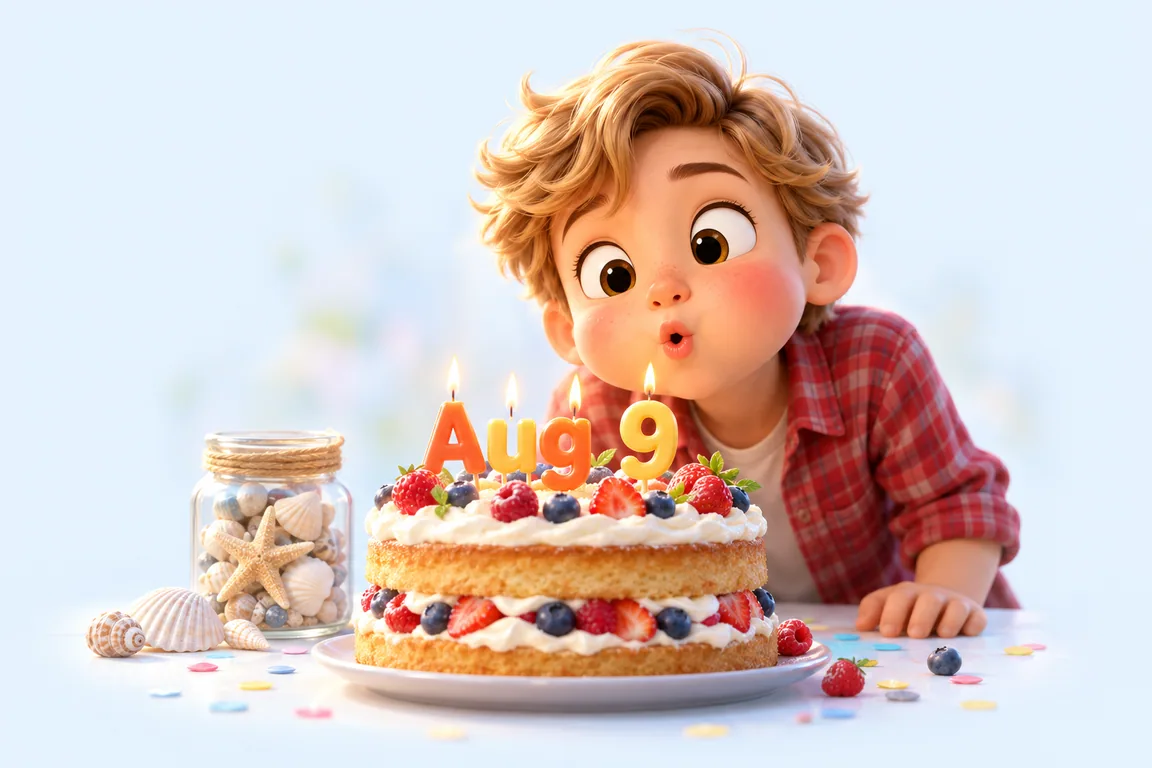 Cartoon birthday scene for August 9: a child behind a cake whose candles spell the date