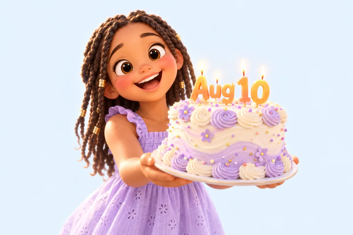 Cartoon birthday scene for August 10: a child behind a cake whose candles spell the date