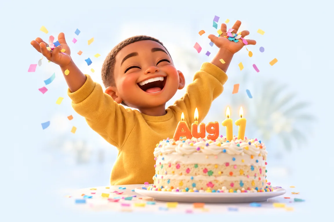 Cartoon birthday scene for August 11: a child behind a cake whose candles spell the date