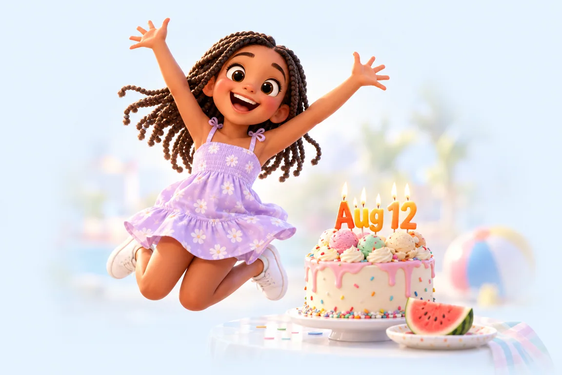 Cartoon birthday scene for August 12: a child behind a cake whose candles spell the date