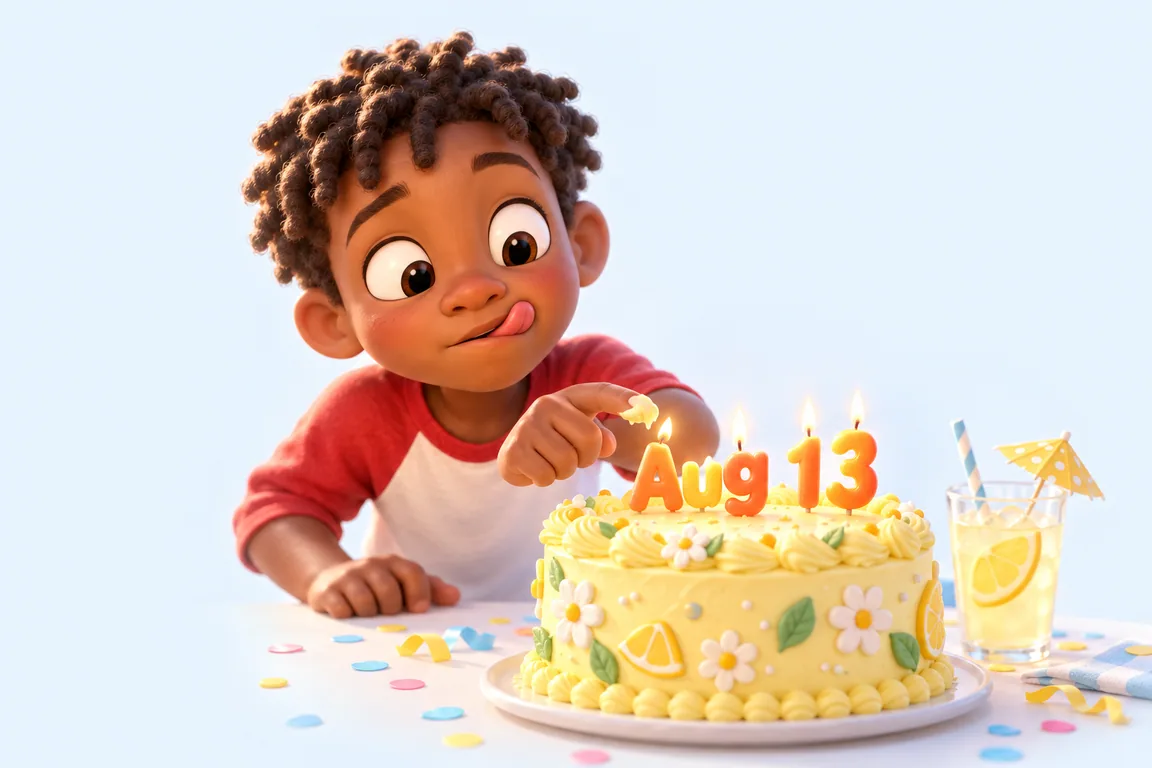 Cartoon birthday scene for August 13: a child behind a cake whose candles spell the date
