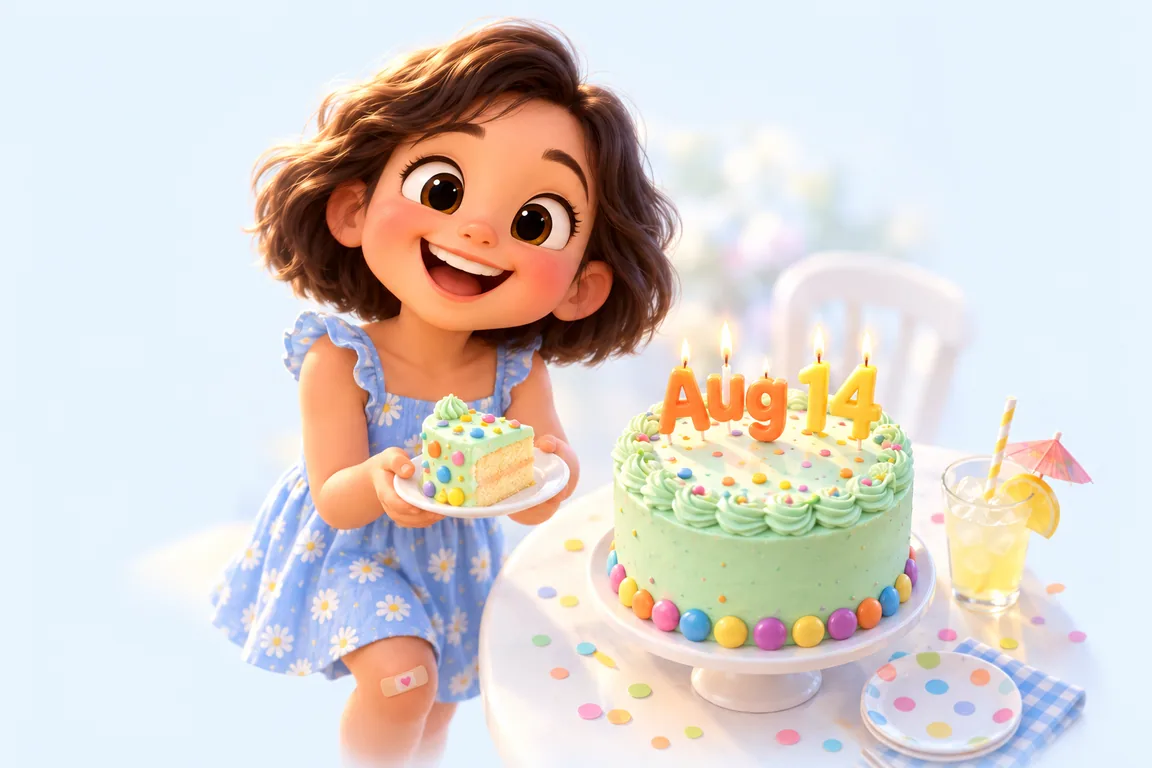 Cartoon birthday scene for August 14: a child behind a cake whose candles spell the date