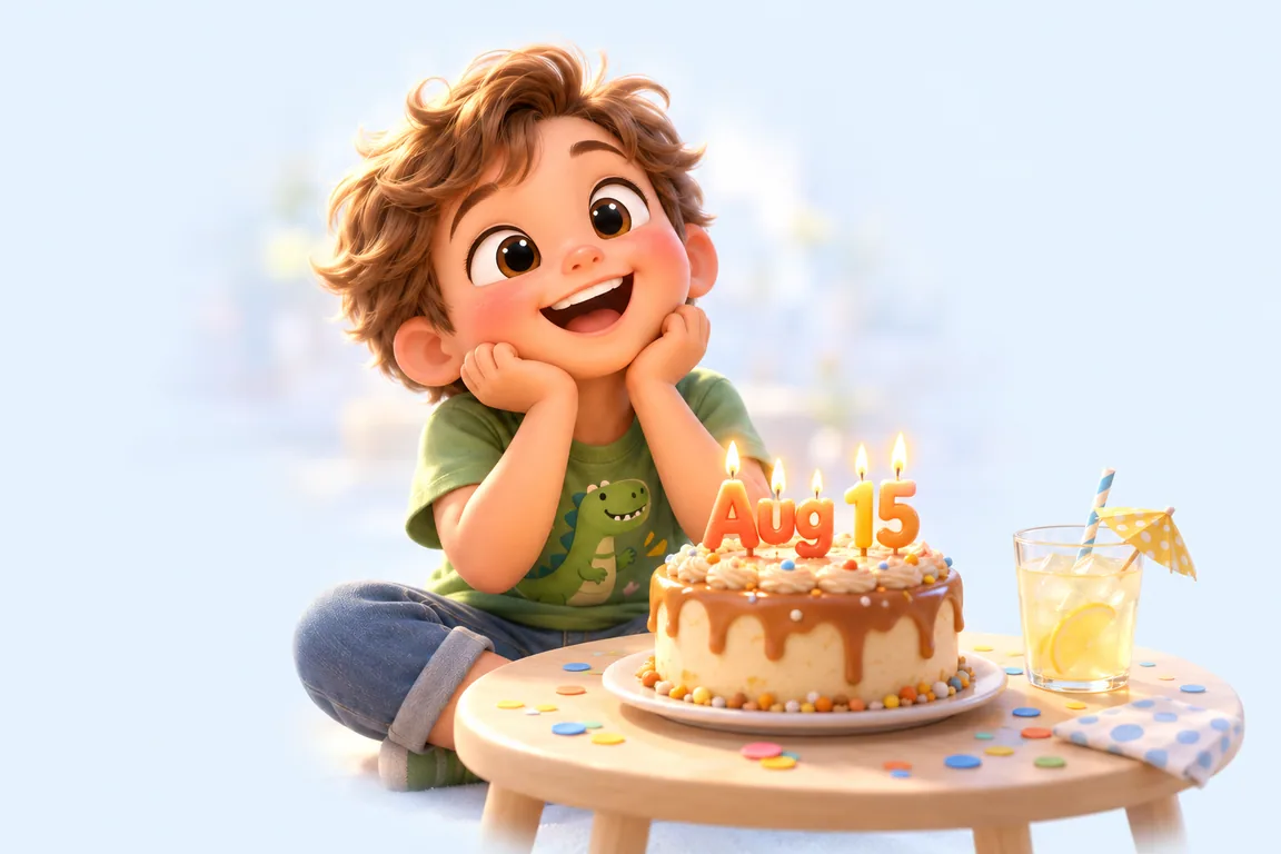 Cartoon birthday scene for August 15: a child behind a cake whose candles spell the date