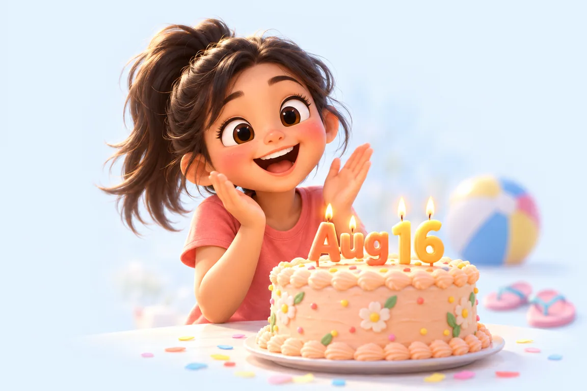 Cartoon birthday scene for August 16: a child behind a cake whose candles spell the date