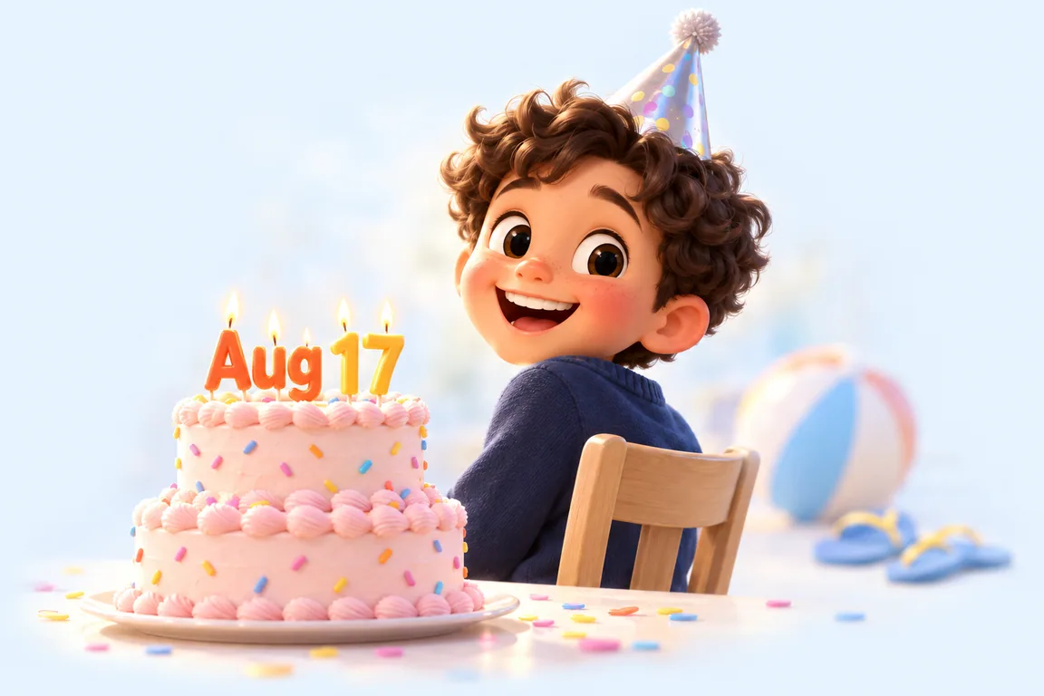 Cartoon birthday scene for August 17: a child behind a cake whose candles spell the date