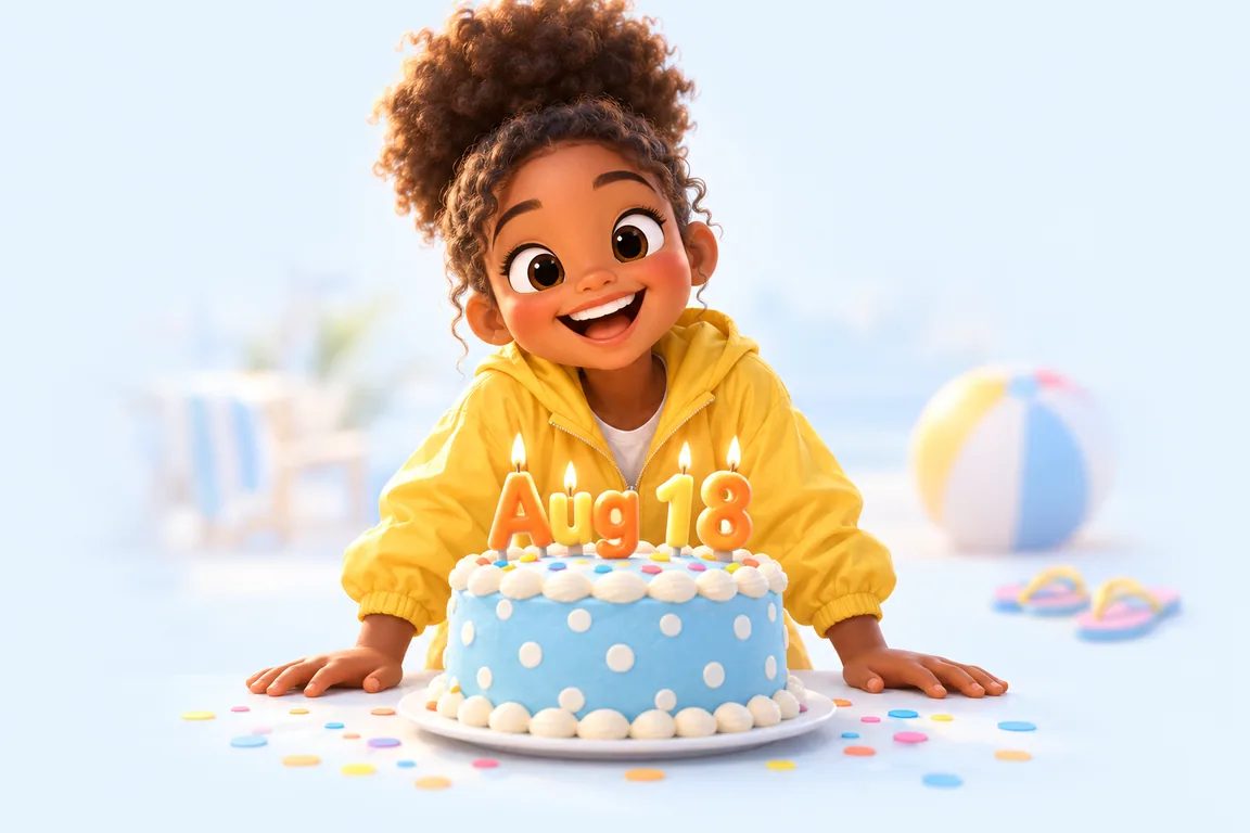 Cartoon birthday scene for August 18: a child behind a cake whose candles spell the date