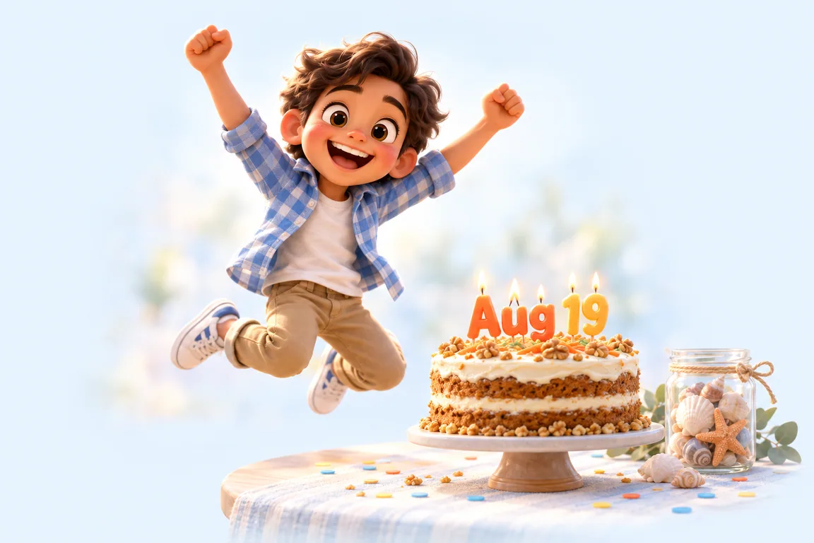 Cartoon birthday scene for August 19: a child behind a cake whose candles spell the date
