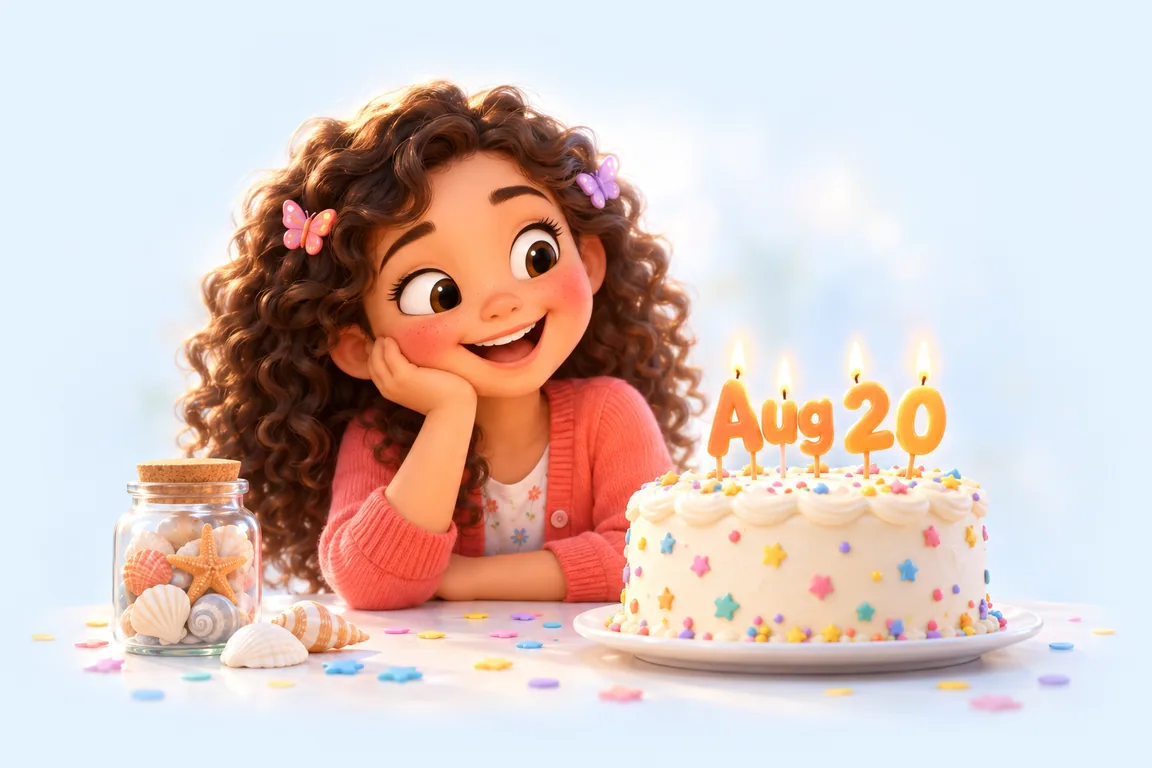 Cartoon birthday scene for August 20: a child behind a cake whose candles spell the date