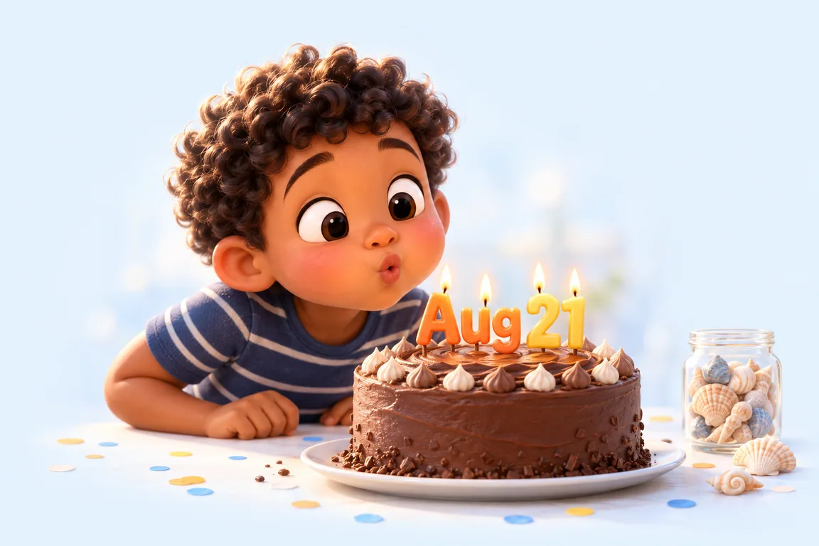 Cartoon birthday scene for August 21: a child behind a cake whose candles spell the date