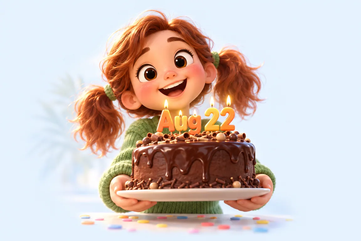 Cartoon birthday scene for August 22: a child behind a cake whose candles spell the date