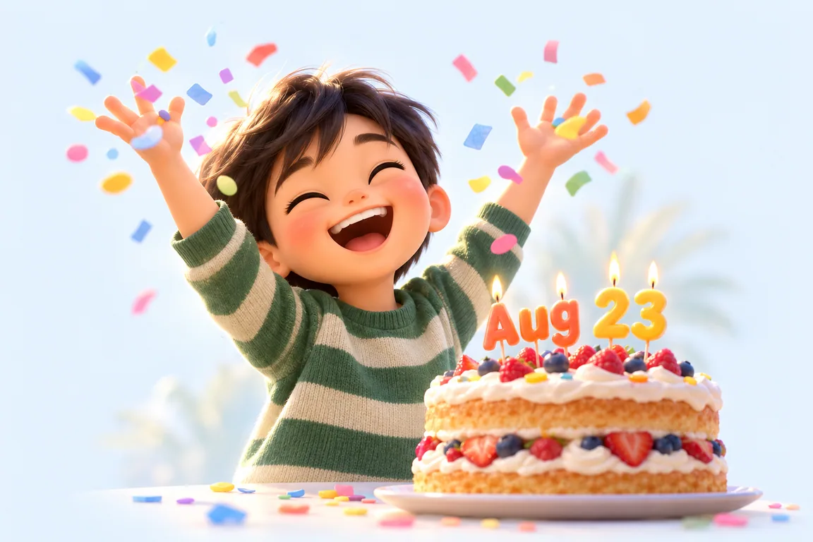 Cartoon birthday scene for August 23: a child behind a cake whose candles spell the date