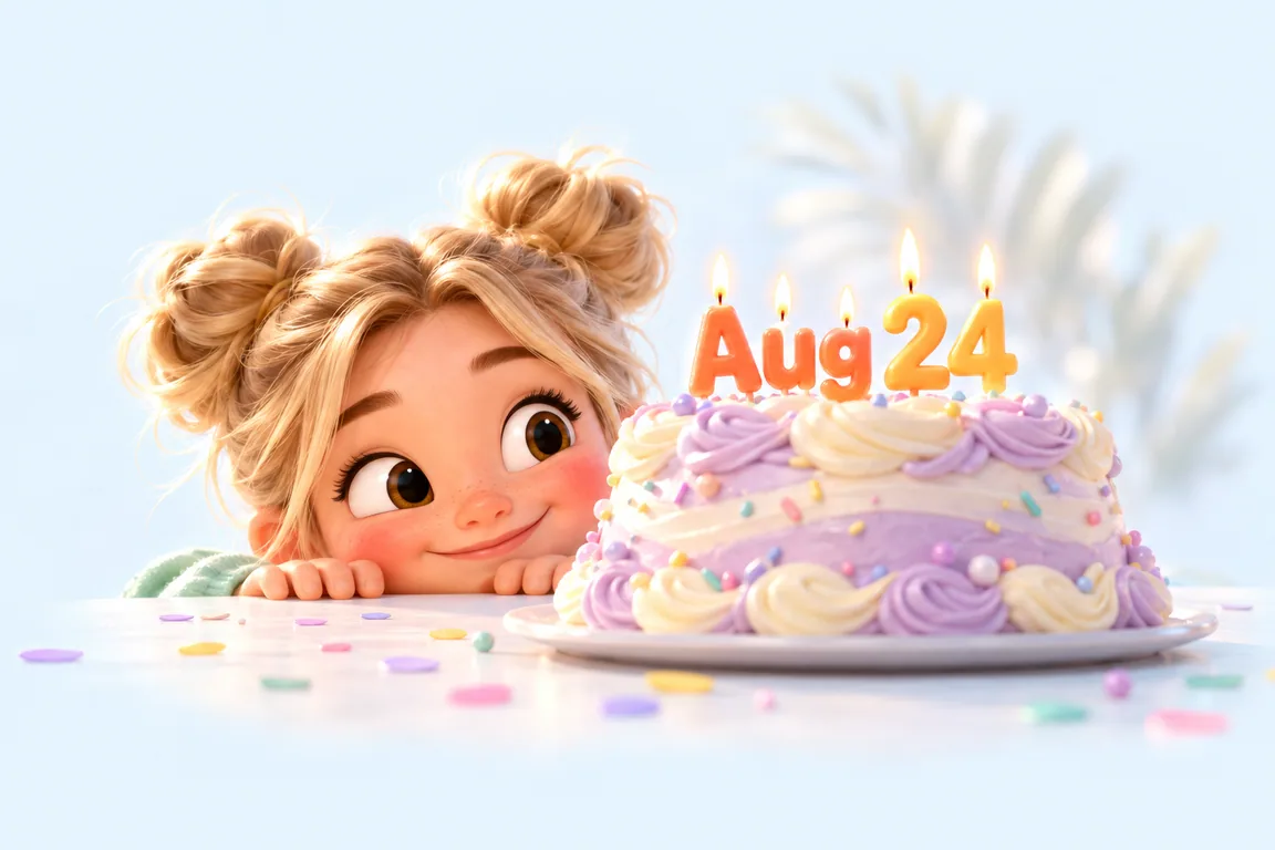 Cartoon birthday scene for August 24: a child behind a cake whose candles spell the date