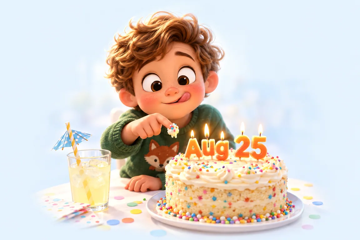 Cartoon birthday scene for August 25: a child behind a cake whose candles spell the date