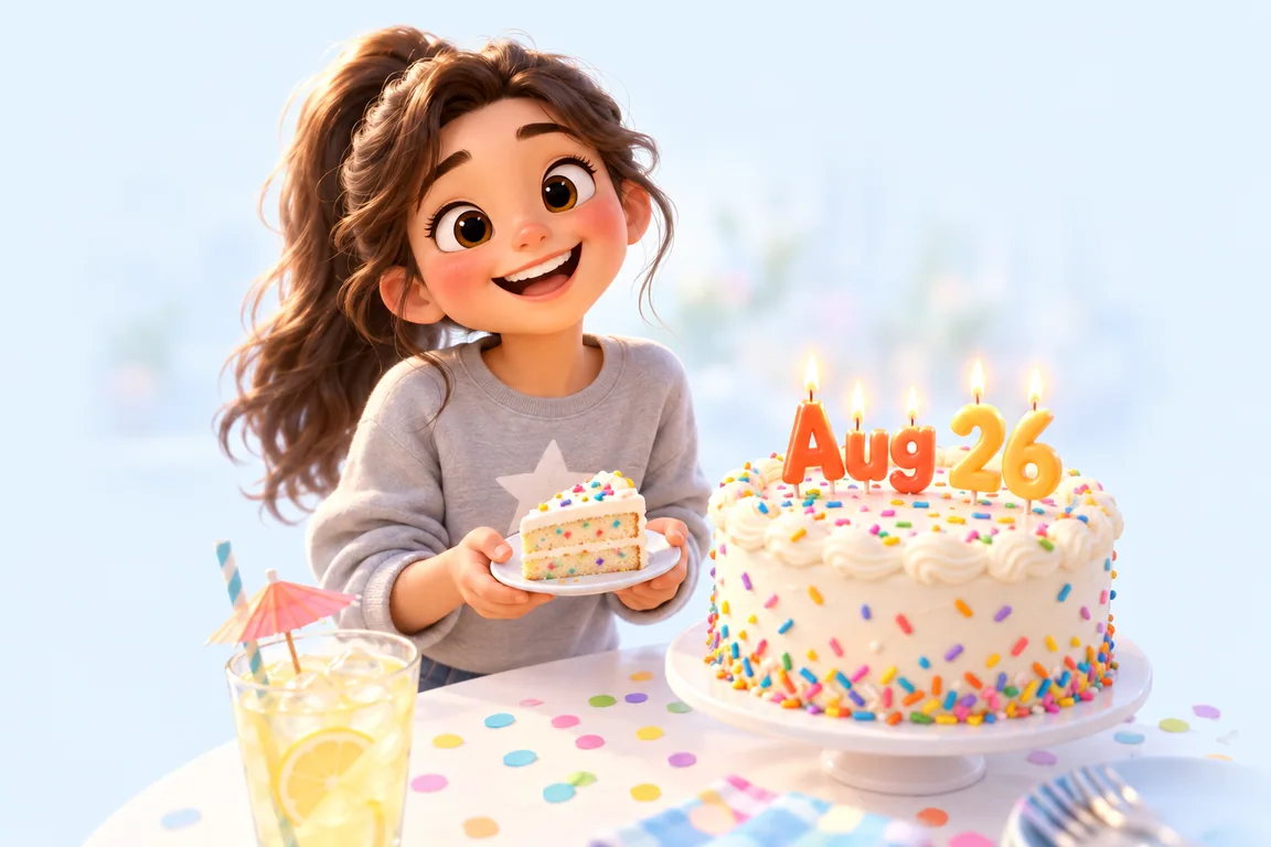 Cartoon birthday scene for August 26: a child behind a cake whose candles spell the date