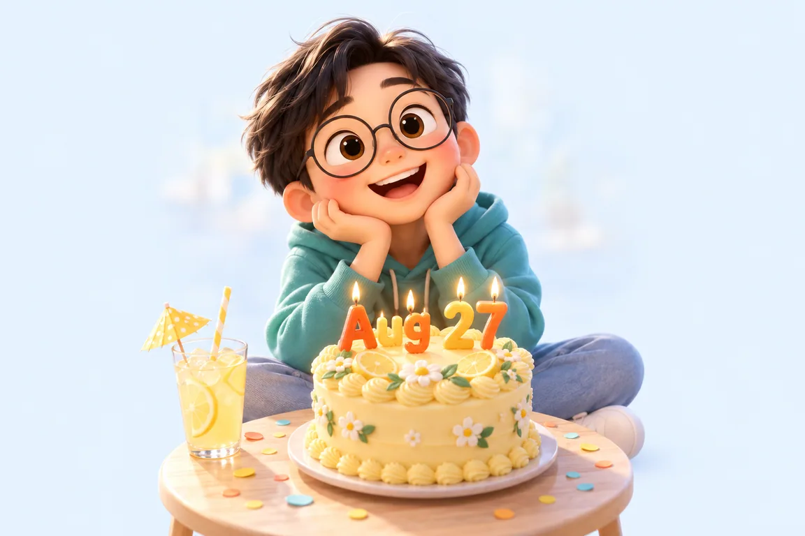 Cartoon birthday scene for August 27: a child behind a cake whose candles spell the date