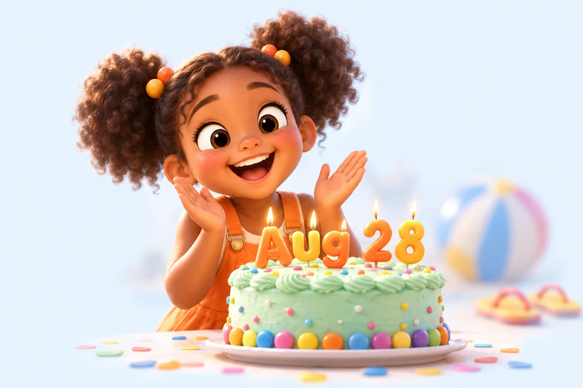 Cartoon birthday scene for August 28: a child behind a cake whose candles spell the date