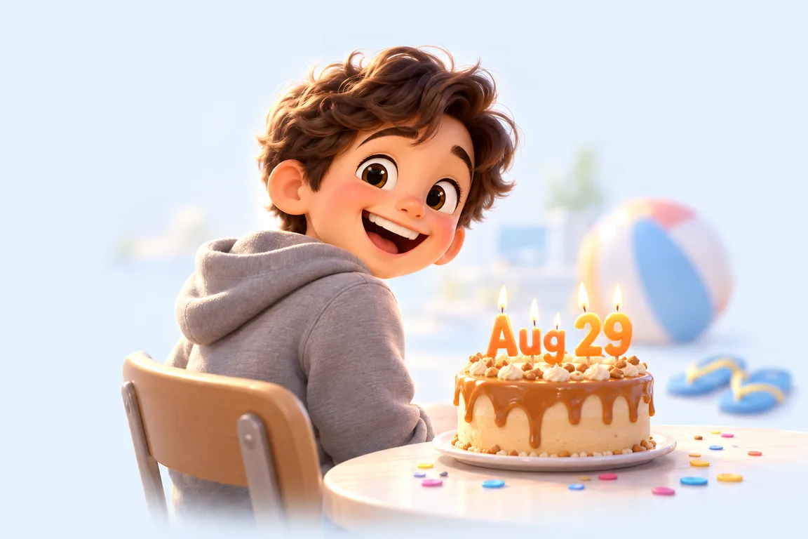 Cartoon birthday scene for August 29: a child behind a cake whose candles spell the date