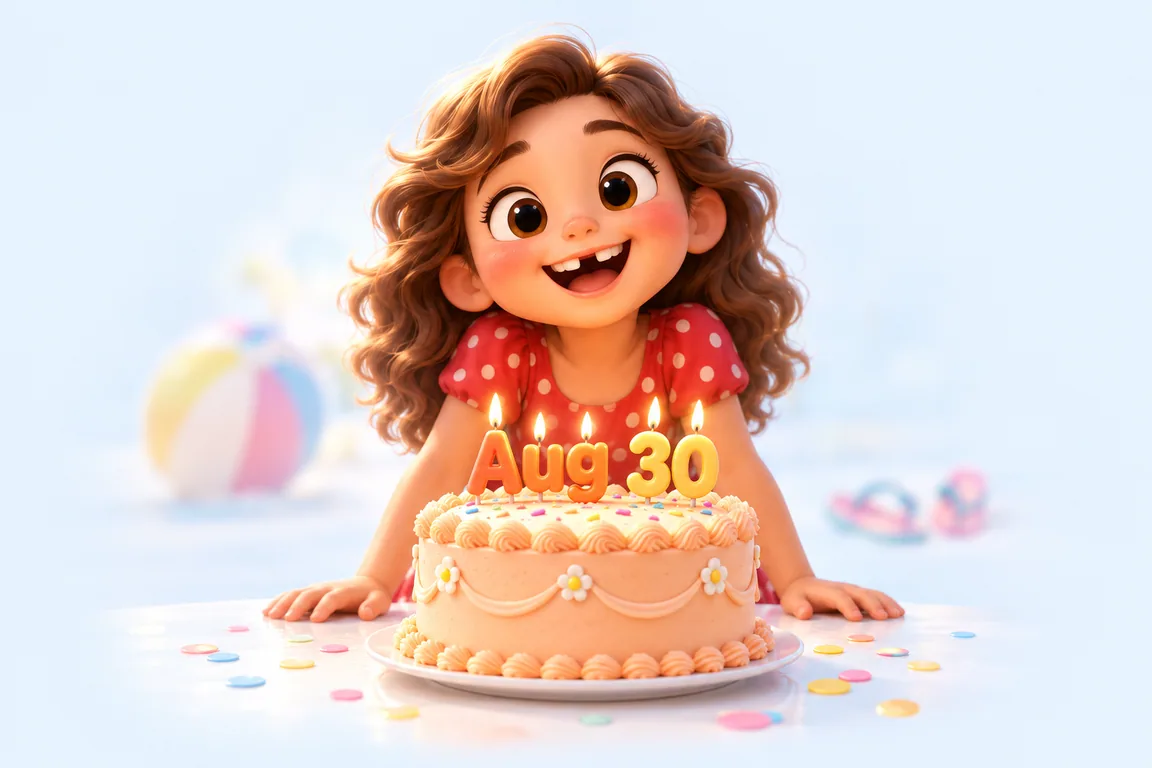 Cartoon birthday scene for August 30: a child behind a cake whose candles spell the date