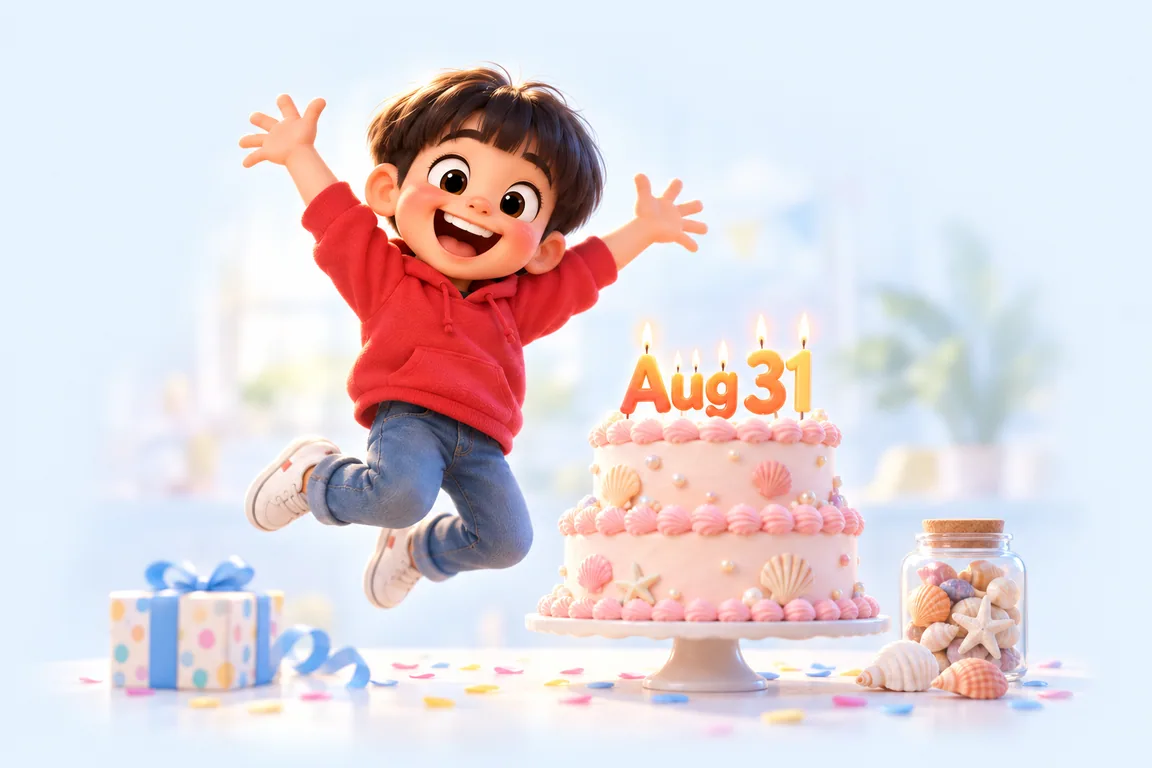 Cartoon birthday scene for August 31: a child behind a cake whose candles spell the date