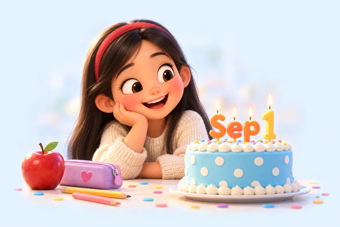 Cartoon birthday scene for September 1: a child behind a cake whose candles spell the date