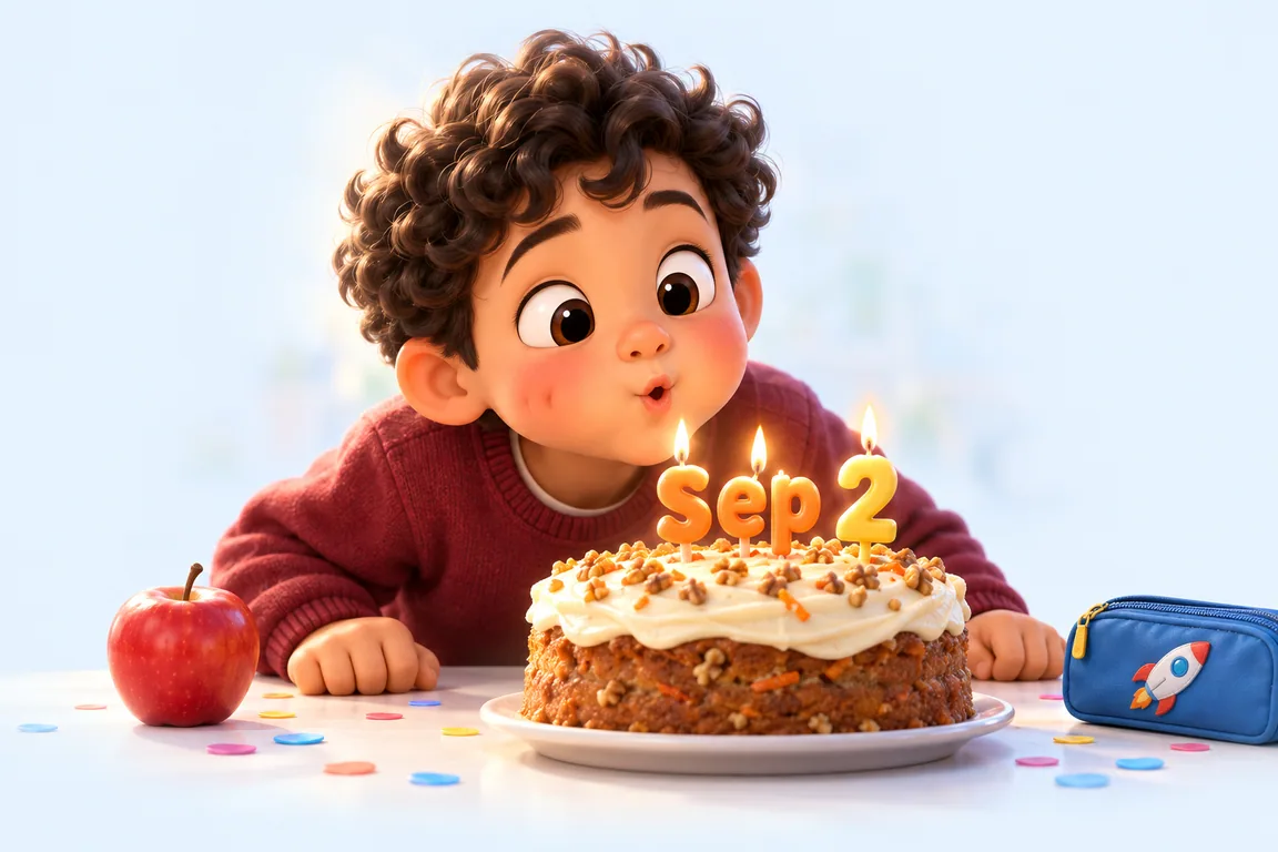 Cartoon birthday scene for September 2: a child behind a cake whose candles spell the date