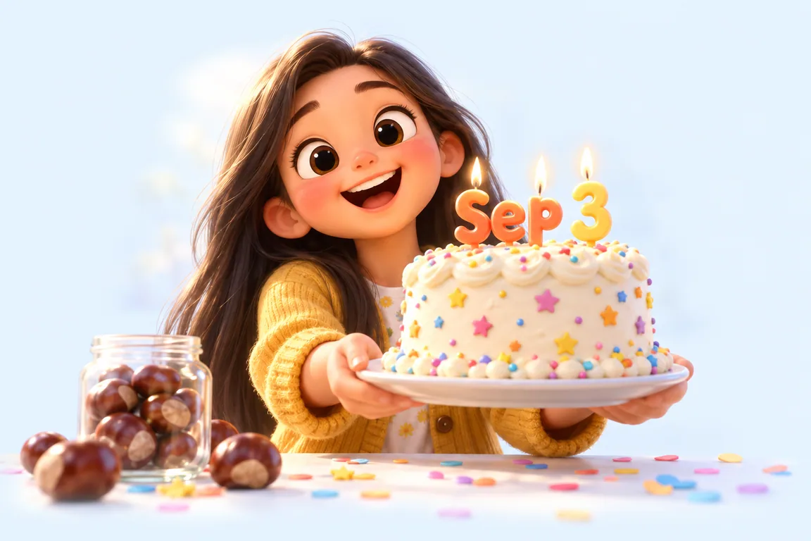 Cartoon birthday scene for September 3: a child behind a cake whose candles spell the date