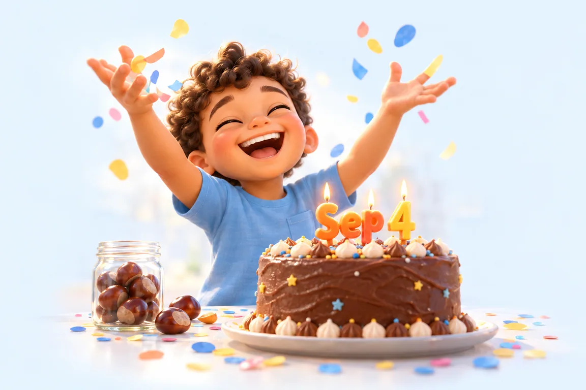 Cartoon birthday scene for September 4: a child behind a cake whose candles spell the date