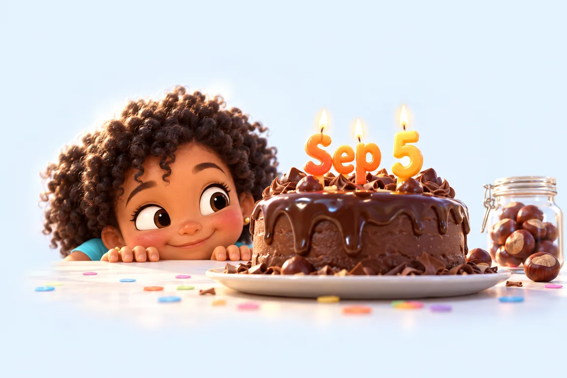 Cartoon birthday scene for September 5: a child behind a cake whose candles spell the date