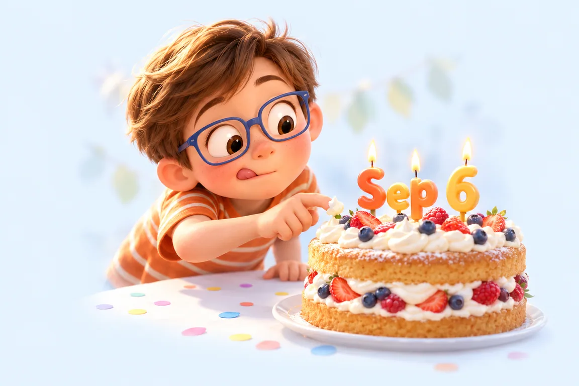 Cartoon birthday scene for September 6: a child behind a cake whose candles spell the date